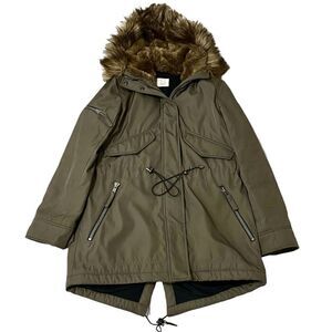 13 NYC Parka Jacket Women Size Small Green Full Zip Fur Trim Hooded Drawstring